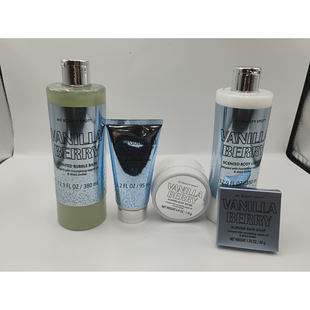 My Beauty Spot Bath Body Set Women 5pc Blue New Vanilla Berry Argan Oil Shea